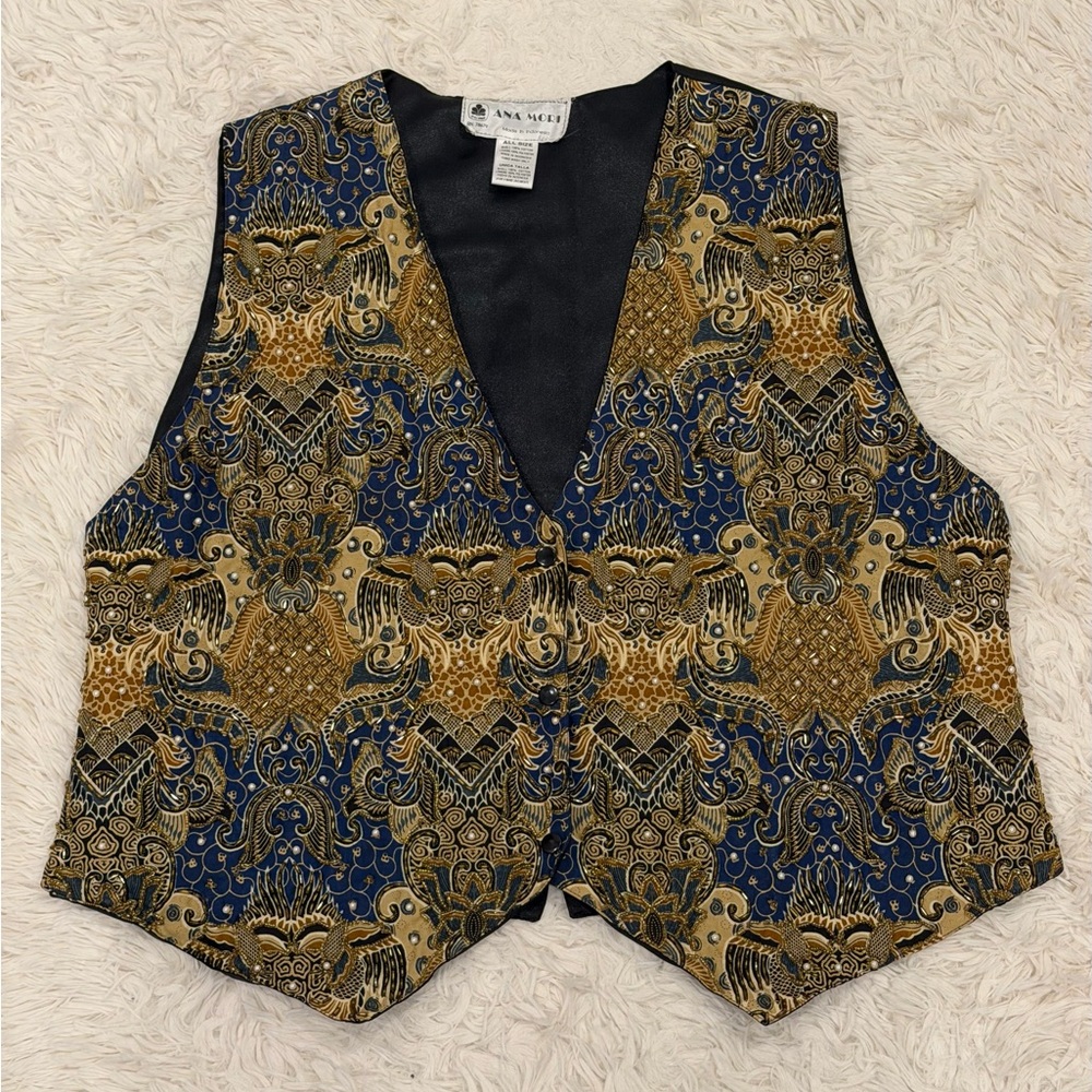 Vintage Ana Mori Women’s Batik Vest One Size Bead Pearl Blue Gold Boho Festival‎